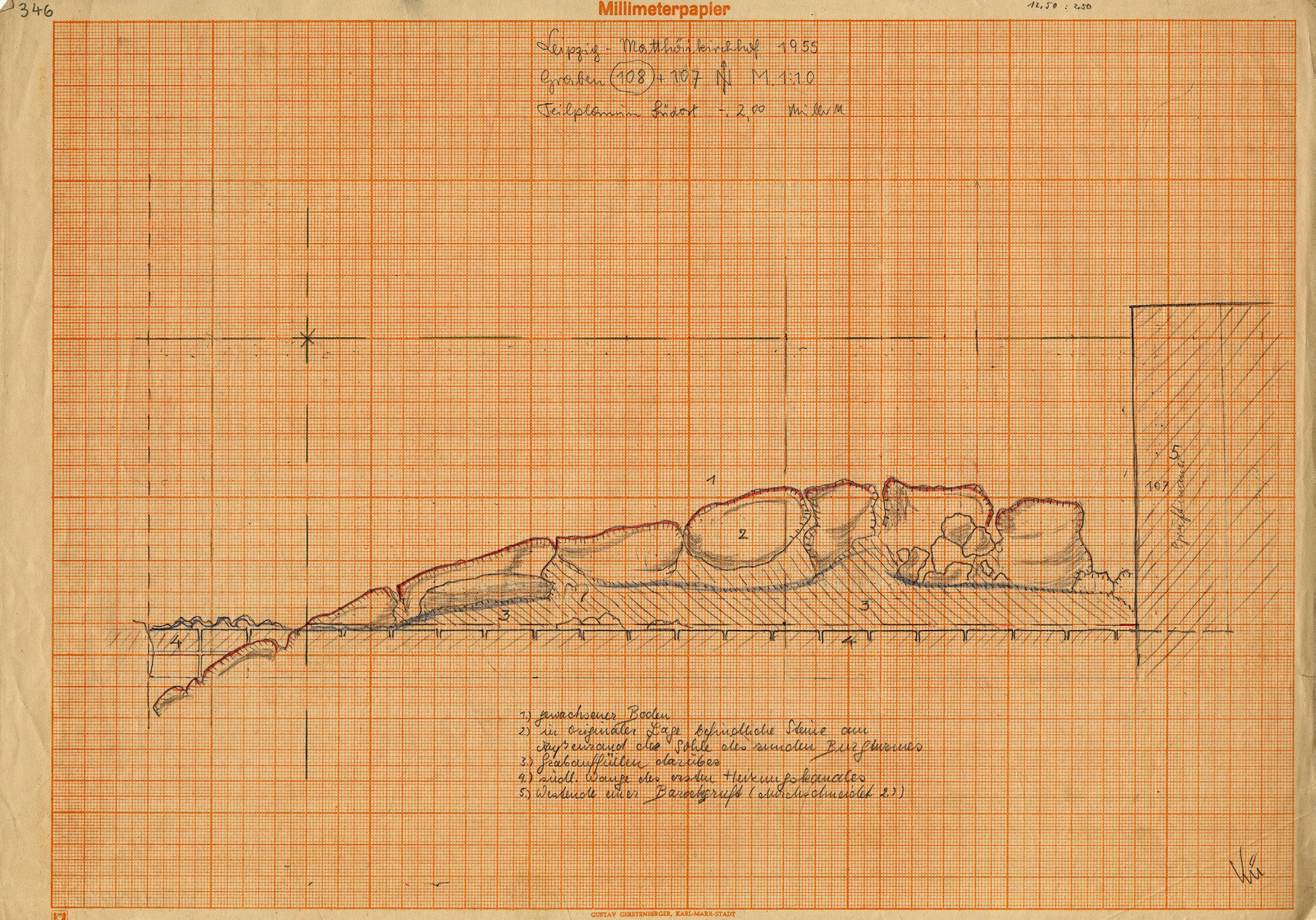 Grabungszeichnung vom Matthäikirchhof Graben 108 der Überreste des Fundaments des Burgturms von 1955 SGM, Grabungsdokumentation Küas, G/2014/